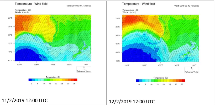 Figure 4 – Dust particles of bin 2 size (1 to 1.8 µm) concentration (µg/kg dry-air) on 13 February 2019 5:00 UTC and 14 February 2019 4:00 UTC