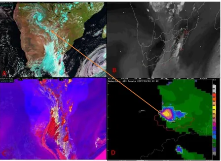 Figure 3.  Day natural color ( Red Blue and Green) RGB (A); The upper-level tropospheric water vapor band (Water vapor Channel,  6.2 µm) (B);  Convective RBG (C); Radar Image valid 4 March 2007 indicating echo region (ER)  over Klerksdorp, South Africa (D)