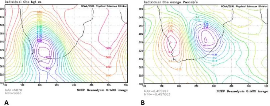 Figure 4. Geopotential heights (m) (A) and vertical velocity (omega) Pascal /s (B) both at  500 hPa  level (B) (Images provided by the NOAA ESRL Physical Sciences Division, Boulder, Colorado, USA, from their website at http://www.esrl.noaa.gov/psd/ )  