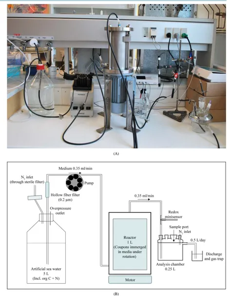 Figure 1. Photograph (A) and schematic diagram (B) of the laboratory bacterial detection system setup for evaluation of single-analyte monitoring strategies
