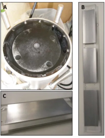 Figure 2. Carbon steel coupons attached to the inside of the rotating reactor. (A) Inside of the inoculated reactor with slides of coupons attached to the inner wall; (B) slide with three coupons attached; and (C) close-up of the clean carbon steel coupon