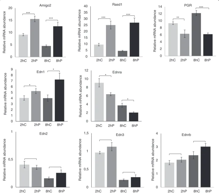 Fig. 1 Progesterone-regulated gene expression in mouse fallopian tubes. Quantitative PCR analyses of 8 transcripts in mouse fallopian tubes treated with ethanol (EtOH) 0.01 % (v/v) as control (C) or progesterone (P; 100 nmol/L) in vitro for 2 h or 8 h