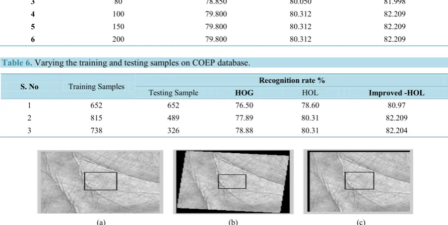Table 6. Varying the training and testing samples on COEP database. 
