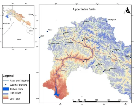 Figure 1: Upper Indus Basin with hydro-climatological stations 