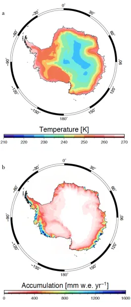Figure 1.2a-b: Spatial distribution of the (a) average annual temperature and (b) accumulation, as provided by the regional climate model RACMO2/ANT