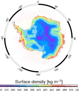 Figure 3.1: Spatial distribution of the modelled surface snow densities across 