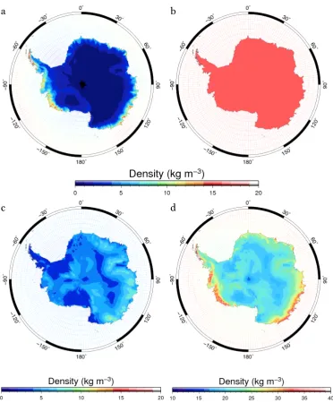 Figure 3.2a-d: Differences in the spatial distribution of the modelled surface snow density after introducing a bias of a) 10 % to the average annual accumulation, b) 10° K to the average annual temperature, c) 10 % to the average annual surface wind speed