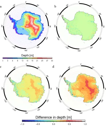 Figure 3.4a-d: Spatial distribution of the average depth of the 550 kg m-3 density for 
