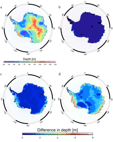 Figure 3.5a-d: Spatial distribution of the average depth of the 830 kg m-3 density for a) the initial model run and the differences from the initial model run for an accumulation variation of b) 1 % c) 5 % and d) 10 %