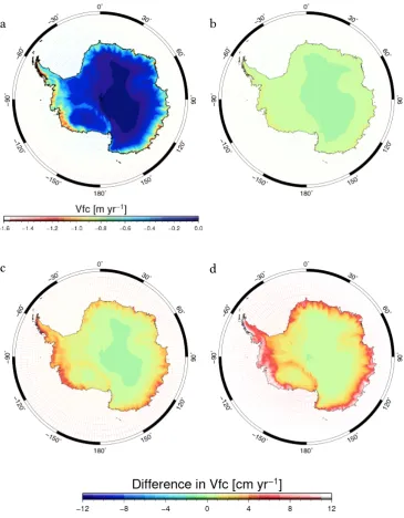 Figure 3.6a-d: Spatial distribution of a) the rate of the vertical velocity of the surface due to firn compaction as estimated with the initial model run, and the differences in the vertical velocity between the initial model-run and the accumulation varia
