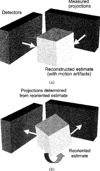 Fig. 1.(a) Measured projections are used to reconstruct an estimate of theactivity distribution in the object, shown here for a dual-detector SPECT system.This reconstructed estimate may contain motion artifacts