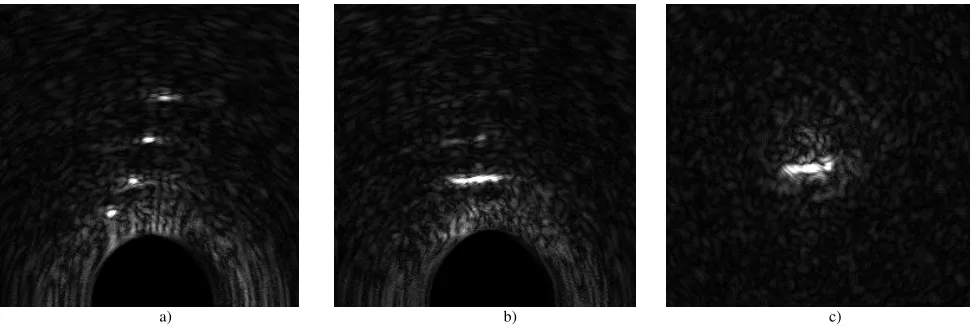 Figure 7. B-mode images of wire phantom on a) xz plane and b) yz plane. c) C-mode image of the wire target at 4.5 mm
