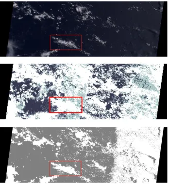Figure 7. The RGB image, the RCCM, and the custom cloud mask of Orbit 19726 Block 86, at view angle AN