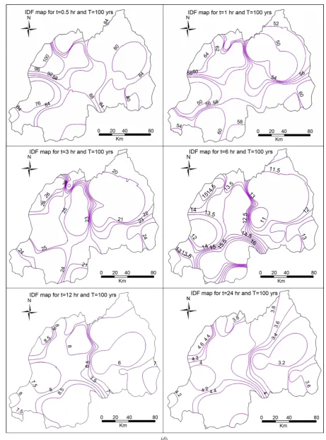 Figure 4. (a) (b) (c) (d) IDF map of Rwanda for selected rainfall durations and return period