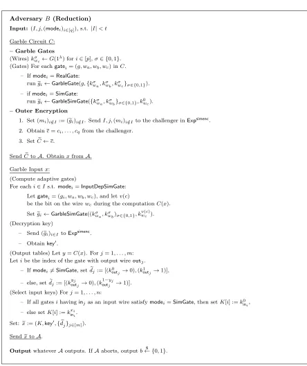 Figure 5: Proof of security for rule 1: the reduction Bto play the security game uses an adversary A that distinguishes the hybrids Expsimenc of the somewhere equivocal encryption scheme.