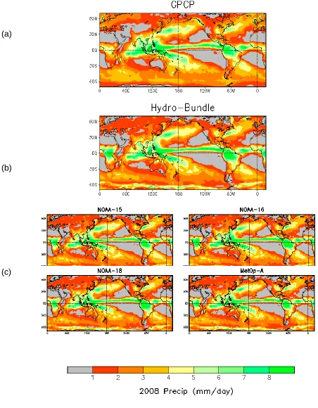 Figure 3: Daily average precipitation for 2008 for (a) GPCP, and (b) Hydrological Bundle, and (c) Daily average precipitation for 2008 for each satellite