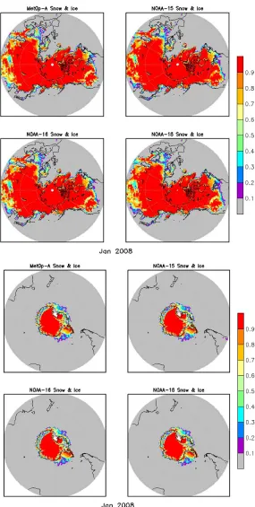 Figure 9: Monthly Hemispheric snow cover (fraction of time with snow cover) and sea-ice concentration (monthly mean fractional coverage) for January 2008 for the Northern (upper) and Southern Hemispheres (lower), for N15, N16, N18 and MetOp-A