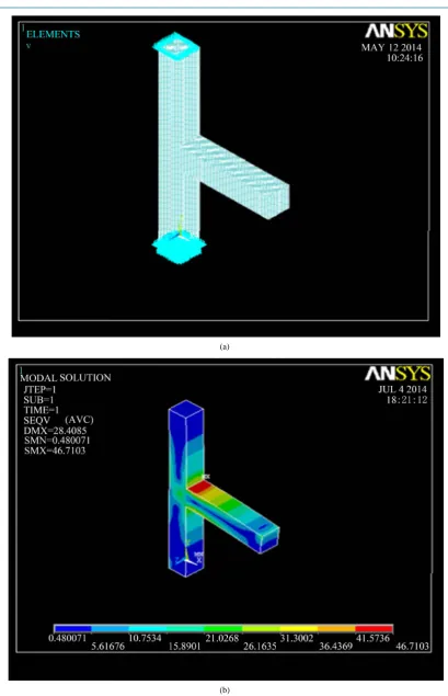 Figure 11. (a) ANSYS model for beam column joint. (b) Deflected shape of Beam column joint