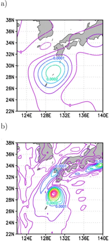 Figure 6: Vorticity fields of typhoon “Tokage” at the time of its maximum strength 1800 UTC 19 Oct 2004, in the NCEP/NCAR re-analysis and in the constrained global model (Schubert-Frisius et al., 2017) 