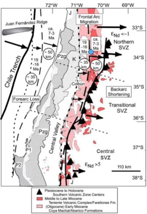 Figure 3. Regional map of central Chile between ~32°S and 38°S, with lines showing correlations of early Miocene to Holocene arc fronts on land and inferred position of corresponding coastlines offshore [10]