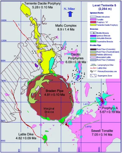 Figure 6. Geological map of level Teniente 5 (2284 m above sea level) in the mine [32,33]
