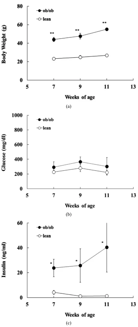 Figure 1. Changes in body weights (a); blood glucose (b) and insulin (c) levels in ob/ob and the lean mice