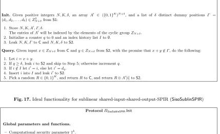 Fig. 17. Ideal functionality for sublinear shared-input-shared-output-SPIR (SisoSublinSPIR)