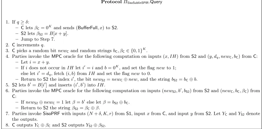 Fig. 19. The query phase ΠSisoSublinSPIR.Query for the functionality SisoSublinSPIR in the (SisoPRF,MPC)-hybrid model