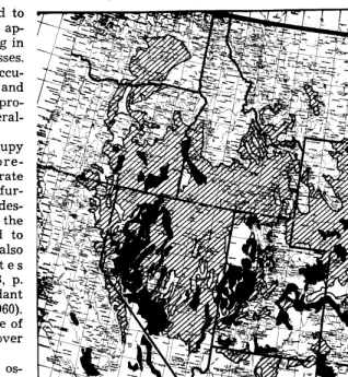 FIG. 1. Distribution of the saltbush-greasewood type (in solid black) and the sagebrush type (cross-hatched)