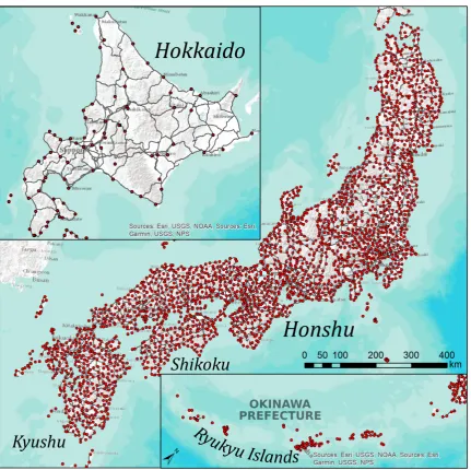 Figure 1. LAJ localities and the network of main roads in Japan. The mapping scale of the ratherscattered Ryukyu Islands is smaller by a factor of 1.5.