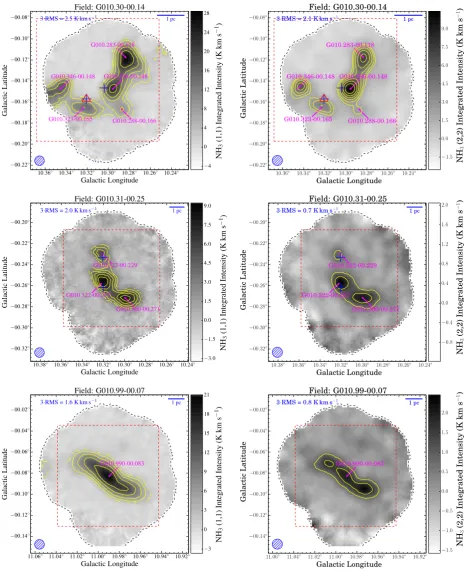 Figure 1. Examples of the integrated NHfocus on in Figsnoise is given in the top-left corner and a linear scale bar shown in the upper-right corner provides an indication of the physical sizes of the clumps