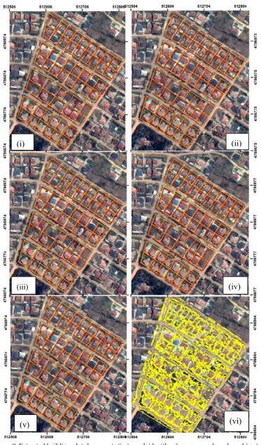 Figure 9: Extracted building plots by experts (i-v) overlaid with reference parcels and machine (vi)