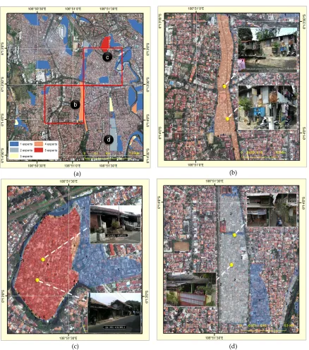 Figure 4. Slums extracted from manual delineation by different experts. Figure (a) shows the different agreements of slum extents, where the red colour indicates areas with the highest agreement and the blue colour indicate the lowest