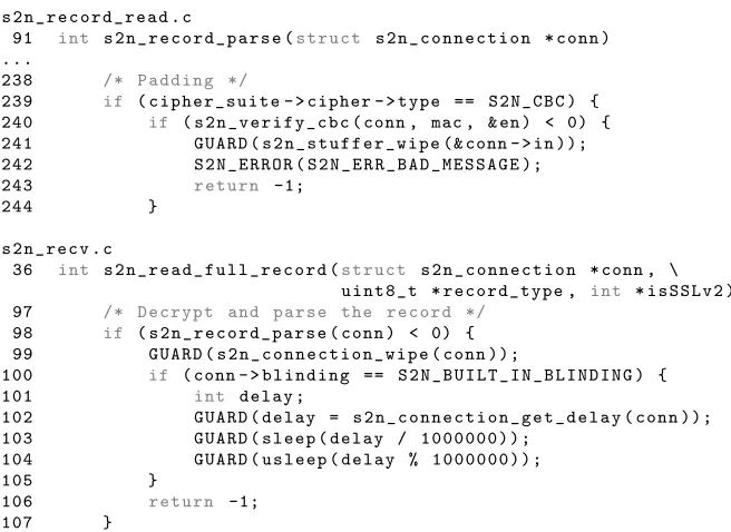 Fig. 2. Excerpts from s2n_record_read.c and s2n_recv.c, s2n’s code for adding a random waiting period