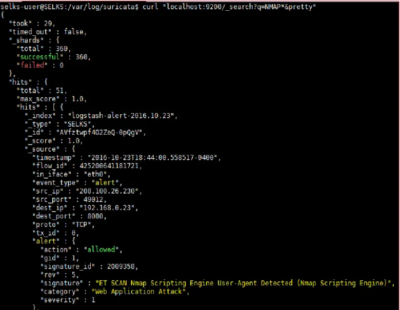 Figure 4: Raw data from Suricata; normalized by Logstash; forwarded to Elasticsearch  