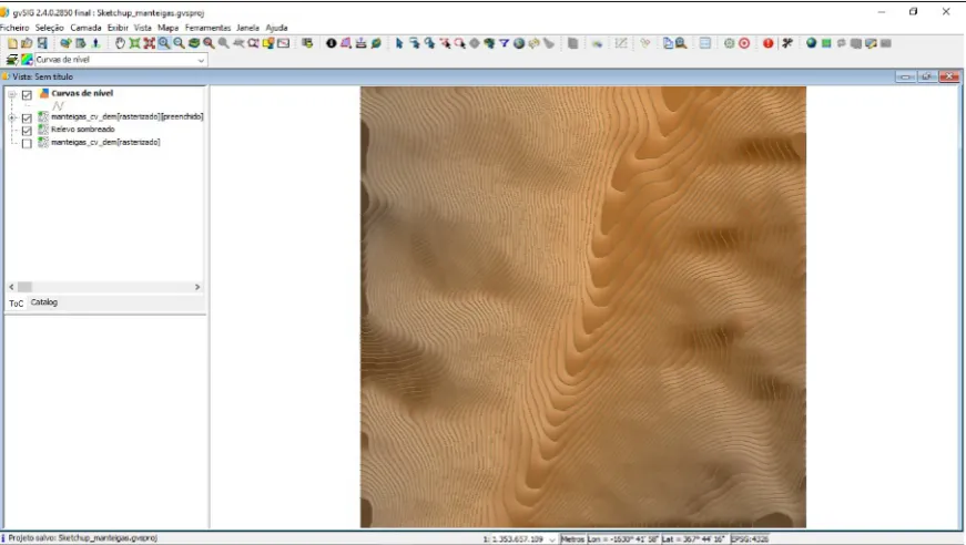 Figure 10. Contour lines final layer (vector format, with 10m of equidistance) and DEM with shaded relief efect(raster format, 10m resolution pixel)