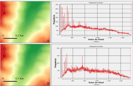 Figure 11. DEM derived from GS-GIS conversion process and raster histogram for a sample of the study area(A), performed in QGIS software