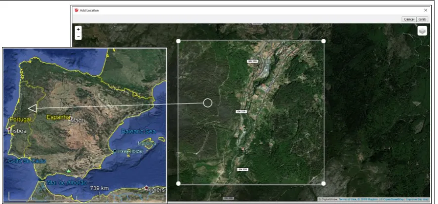 Figure 1.  The mountainous massif of the Serra da Estrela, Central Region of Portugal  (image obtained fromGoogle Earth, on the left); Selection of the satellite image to be rendered in GS environment  (on the center)