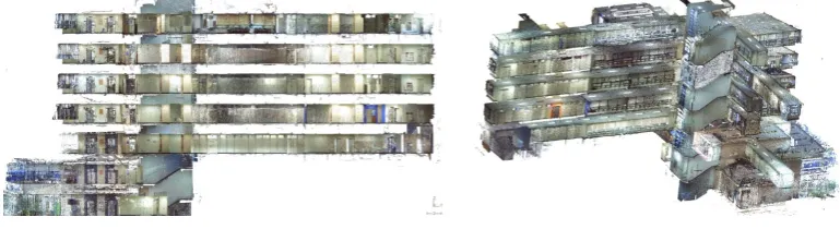 Figure 8. Lateral view and 3D view of the ETRI building point cloud. 