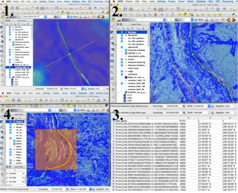 Figure 2. Stepwise illustration of the creating a series of 25 bathymetric profiles, Mariana Trench, Quantum GIS 3.0 
