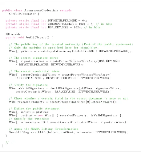 Figure 2:A code example for an anonymous credential circuit using C∅C∅.
