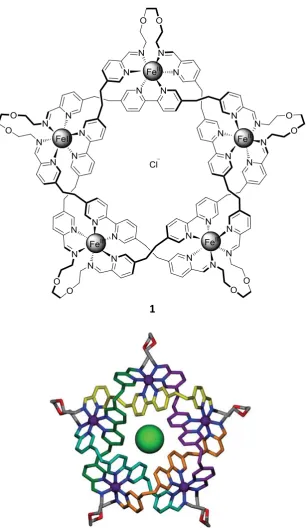 Figure 1.10 Molecular structure (above) and crystal structure (below) of a molecular pentafoil knot synthesised by self-assembly of aldehyde and amine ligands.25 Reproduced with permission from Nature Publishing Group