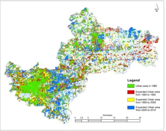 Figure 11. Spatial forms of urban sprawl in 1985, 1995, 2005 and 2015 