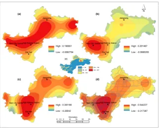 Figure 12. Spatial trend of urban growth during given periods: (a) from 1985-1995; (b) from 1995-2005; (c) from 2005-2015; (d) from 1985-2015, and (e) DEM of study area