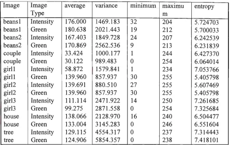 Table 3.3 Statistical characteristics of the 512x512x8 bit supplementary images. 