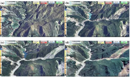 Figure 1. The formation and destruction of a barrier lake located upstream of the Qishan River, by comparing the Formosat-2 images acquired on (a) November 15, 2008, (b) February 23, 2010, (c) April 16, 2011, and (d) June 28, 2012