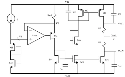 Figure 10. Reference voltages (Vref1, Vref2) generator circuit for input stage common-mode feedback circuit