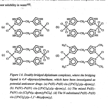 Figure 1.6. Doubly-bridged diplatinum complexes, where the bridging 