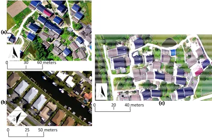 Figure 5. Experiment very high spatial resolution (VHSR) images: ((UAV) image for experiment-1; (a) Unmanned aerial vehicle b) aerial image for experiment-2; (c) UAV image for experiment-3