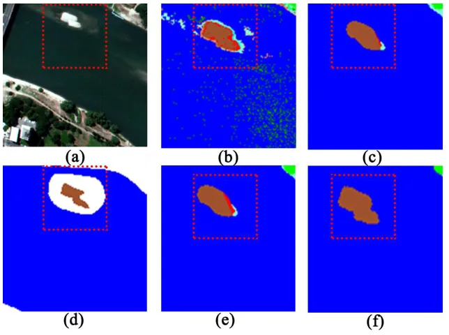 Figure 8. Zoomed comparisons based on the subfigures: (a) Pavia Center image, (b) initial classified map based on RGV spatial–spectral method and SVM classifier, (c) post-classification map obtained by GPCF with a 9 ×  9 window size, (d) ground reference d